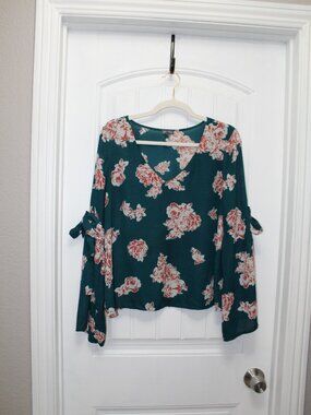 Lily Rose Womens Size XLarge Teal Mauve Floral Stretch Long Sleeve (24-12)